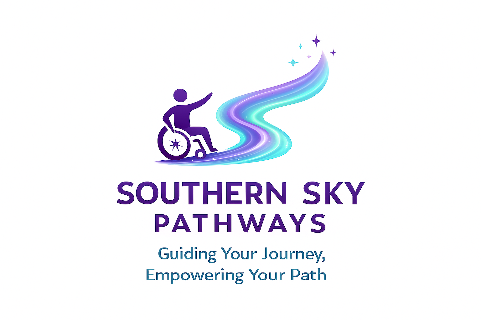 Logo for Buisness "Southern Sky Pathways". Text appears in the lower portion of the logo in purple.
The slogan undernearth in a blue/green says "Guiding your Journey, Empowering your Path". The image is a 2d person in a wheelchair in purple, beginning on a winding path upwards, towards some stars.  The Path is the colour of the Aurora's
